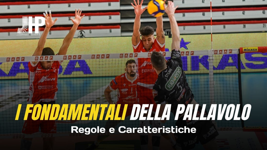 Illustrazione dei cinque fondamentali della pallavolo: palleggio, bagher, battuta, schiacciata e muro
